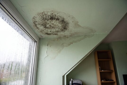 Black mold and water damage stain on ceiling interior room housing issue