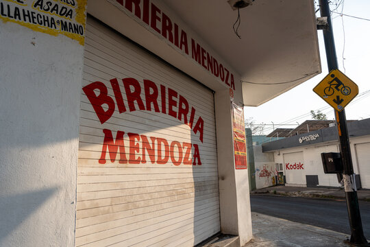Facade of traditional Birrier&iacute;a Mendoza, a typical Mexican birria eatery downtown. Colima, Mexico, July 20, 2026.