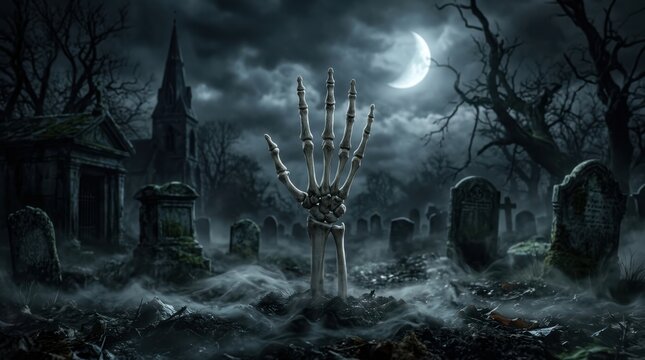 Spooky skeleton hand rising from a grave in a dark cemetery at night with a bright moon