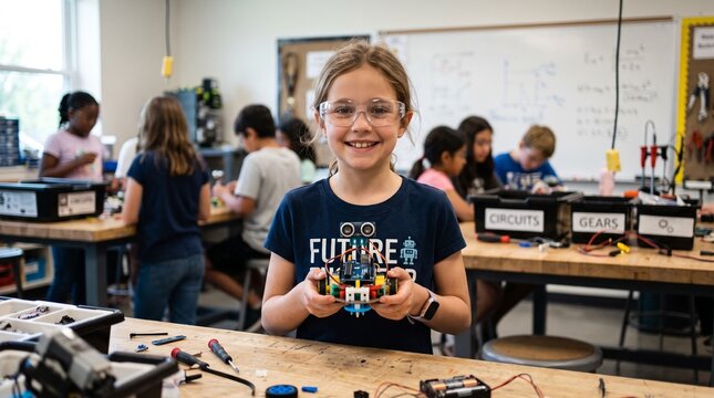 Young girl proudly holding a robot she built in a STEM classroom with other students working in the background