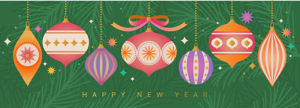 New Year horizontal greeting card with cute Christmas balls on green coniferous background. Bright toys for happy holiday. Template design for flyers, web, posters, banners, social media. Vector
