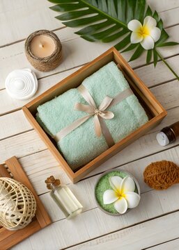 Relaxing Spa Gift Set with Towels Flowers and Natural Decor Arrangement