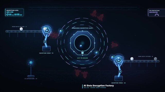 Futuristic Vault Factory with Robotic Arms Forging AES-256 Encrypted Data Blocks and Repelling Cyber Attacks