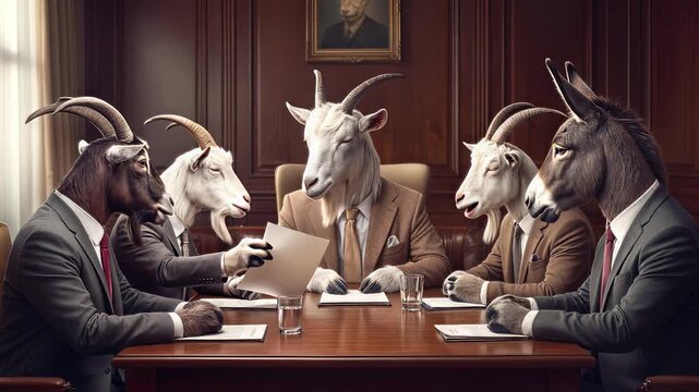 Anthropomorphic goats and donkey in business suits conducting board meeting in wood-paneled office. Surreal corporate satire of professional leadership. Static medium shot.