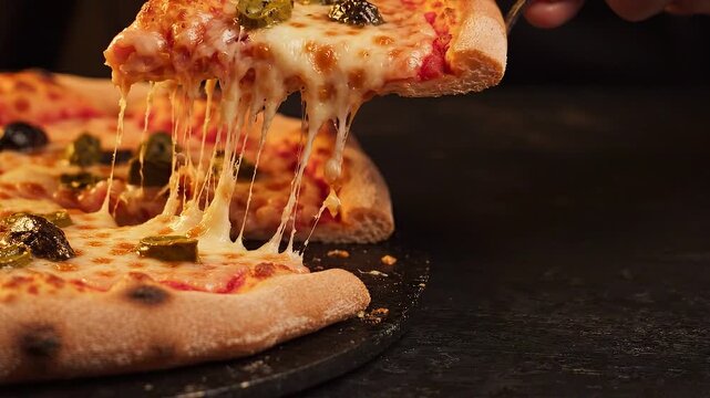 Fresh Baked Pizza Melted Cheese Pull Slice Hot Slice Delicious Italian Fast Food Close Up Culinary Table Scene Frame