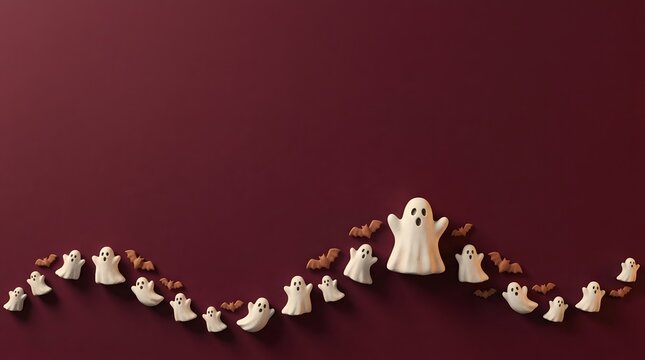 A wavy line of small white ghost figures and tiny brown bats on a red background.