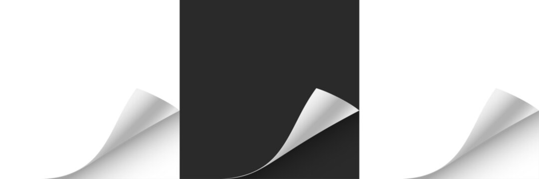 Paper curl corner background. Curled paper corner with realistic page fold effect. White sheet edge peeling back, revealing shadow and depth. Minimal vector illustration