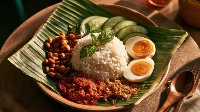 Malaysian rice dish with sambal egg and peanuts