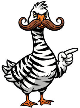 Goose with large mustache pointing finger on transparent background. Funny cartoon bird character with zebra pattern texture. Vector illustration for design, mascot and print concept.