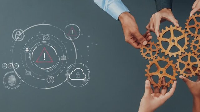 Hands of Individual Collaborating to Assemble Gears with Cybersecurity Icons and Warning Symbols in Background Concept of Digital Security and Collaboration. Entropy.