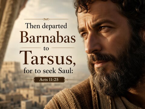 Barnabas' Apostolic Journey to Tarsus Seeking Saul: English Scripture Poster with Ancient City