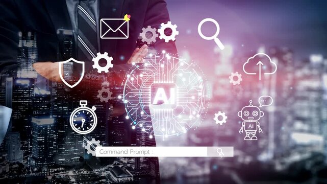 Businessman Overlooking Cityscape with AI Conceptual Graphics and Digital Elements in Futuristic Environment. Entropy.