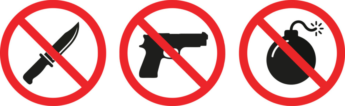 Set of prohibited signs showing knife gun and bomb symbols for safety and security warning icons