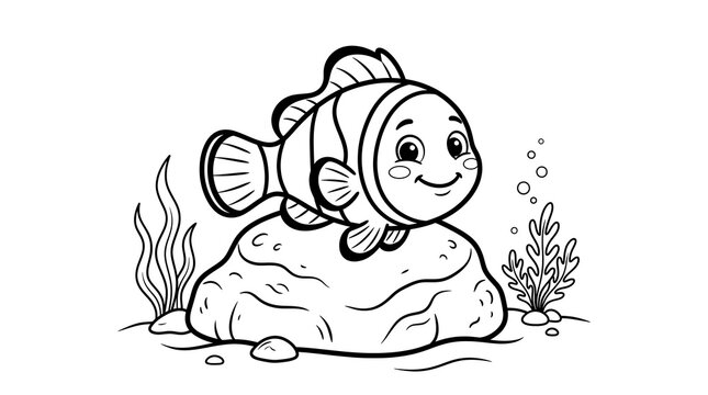 Cute cartoon clownfish sitting on a rock in the ocean children coloring page black and white vector line art illustration