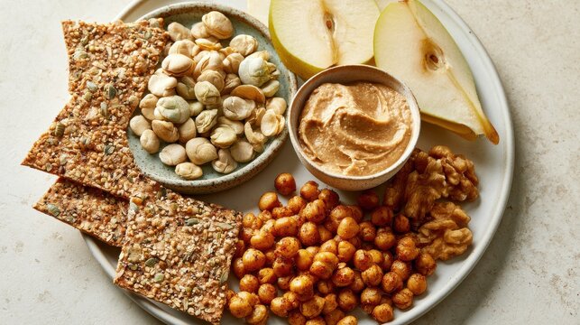 Fiber rich snack platter with fruit nuts and crisps