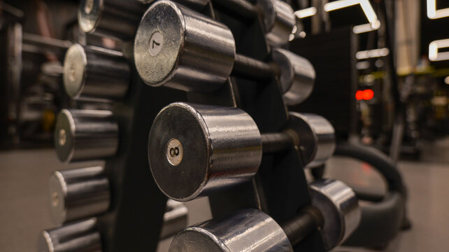 Rows of chrome dumbbells neatly arranged on a rack in a modern gym