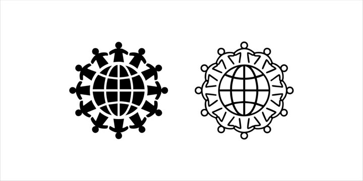 People holding hands around the world globe, global community unity and diversity icon, black and white vector illustration