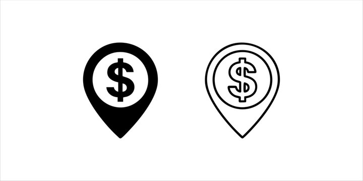 Dollar currency sign map pointer icon, black and white vector illustration, solid and outline style isolated on white background.