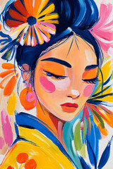 Fototapeta premium Vibrant Portrait of a Woman Amidst Floral Elements