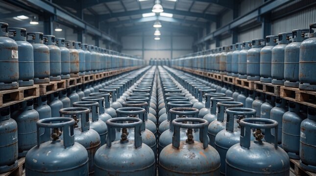 Rows of blue gas cylinders stored in a large industrial warehouse