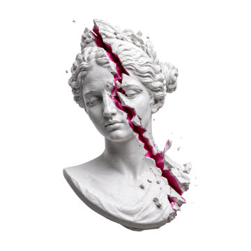 abstract cracked classical marble statue head with bright pink fracture, broken sculpture fragments
