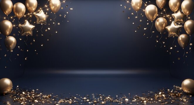 Golden balloons and star shaped foil balloons with confetti on a dark navy blue background, for celebration