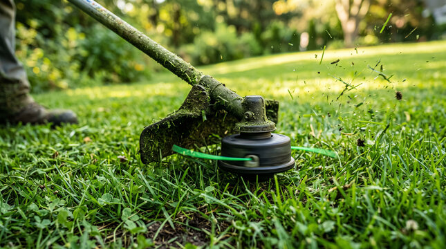Close up of a string trimmer cutting green grass in a backyard