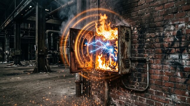 Electrical panel on brick wall engulfed in flames with sparks and energy waves