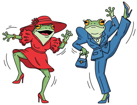 Two frogs dressed in woman clothes dancing on transparent background. Cartoon characters wearing red dress and blue suit. Fashionable animal illustration for fun project and design.