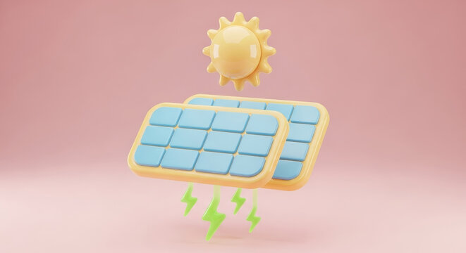 solar panel in 3d style beneath a cartoon sun on a plain pastel background