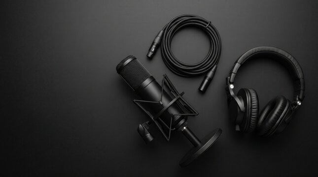 Professional studio recording equipment including a microphone, headphones, and cable laid out on a dark background