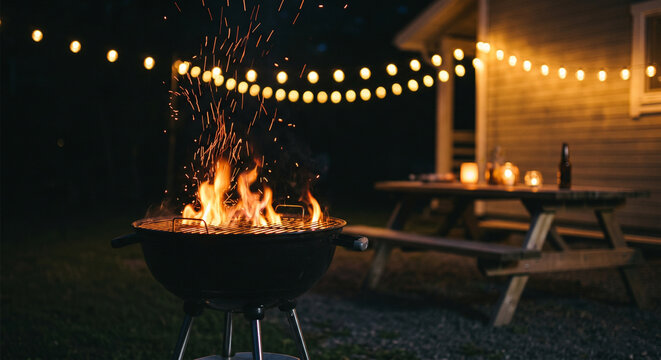 Backyard grilling at night with string lights. Summer barbecue party with fire and sparks.