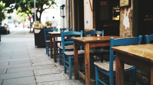 Empty tables and chairs outside sidewalk cafe on street
