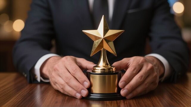Man holding star trophy on table as reward
