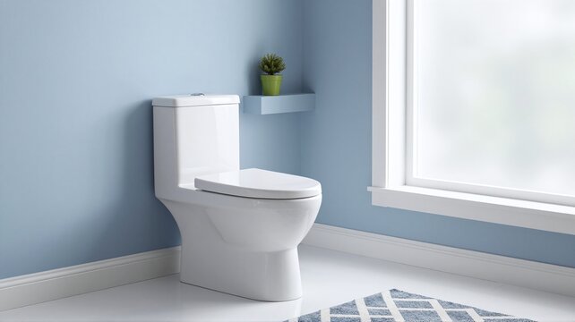 Toilet in bathroom near window and plant