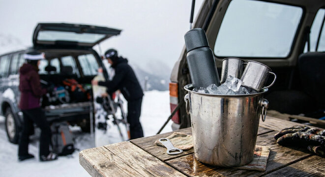Two skiers unloading gear from a car in a snowy mountain landscape with a cooler of drinks