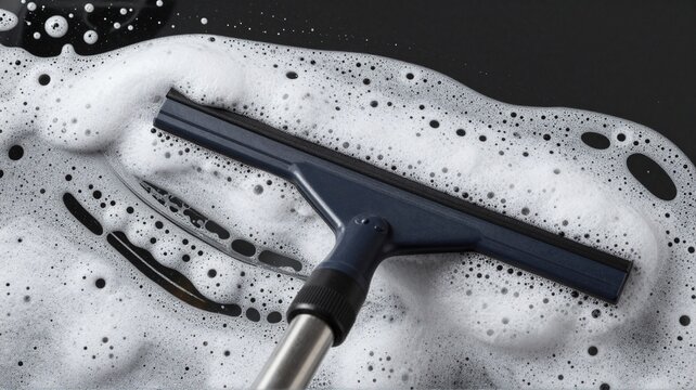 Squeegee cleaning window with soapy water indoors