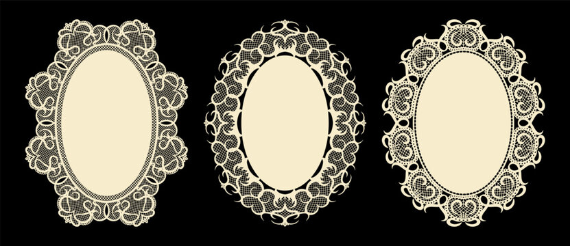 Lace oval frame with crochet doily border. Vintage floral filigree pattern for wedding or greeting card design. Vector set