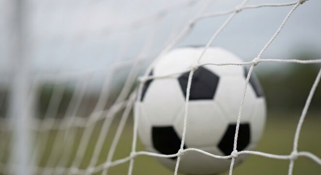 Soccer ball in net on field