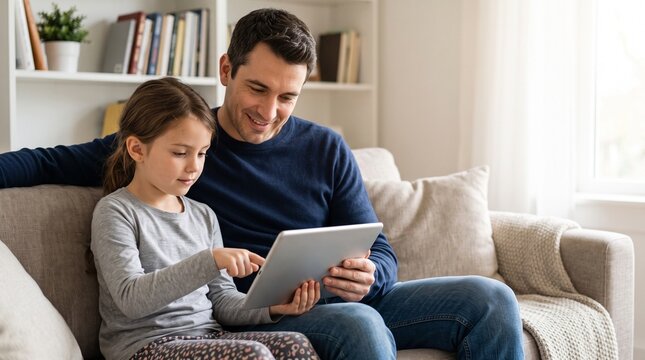 Father helping child with AI reading lesson, family e learning at home, parent and daughter using tablet for guided digital literacy practice