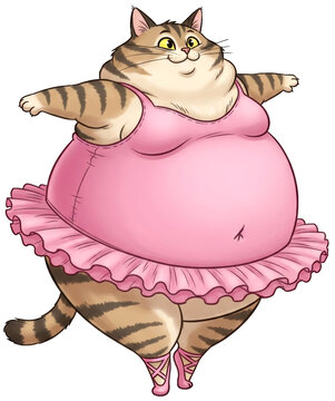 Fat cat ballerina wearing pink tutu and pointe shoe on transparent background. Funny cartoon overweight tabby animal character dancing ballet performance. Cute mascot for kids design.