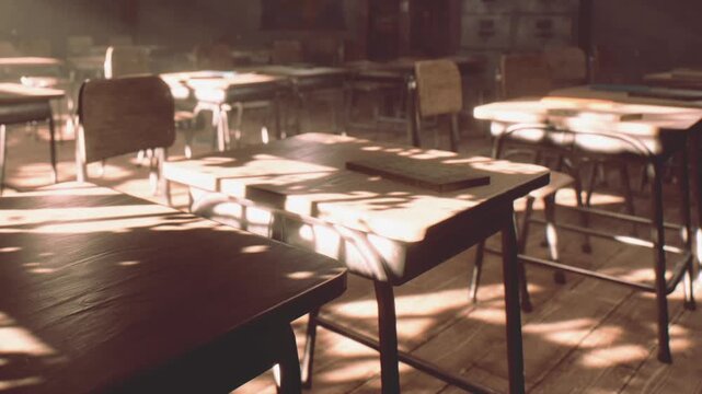 Sunlight enters a classroom with no students in the afternoon. Desks are arranged in rows. Shadows from the window create patterns on the floor and furniture.