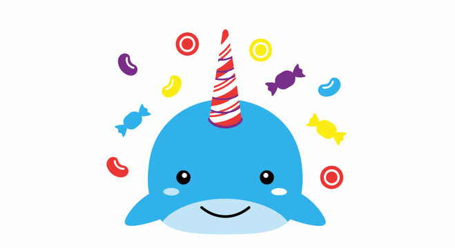 Cute Narwhal with Candy and Jelly Beans, Isolated
