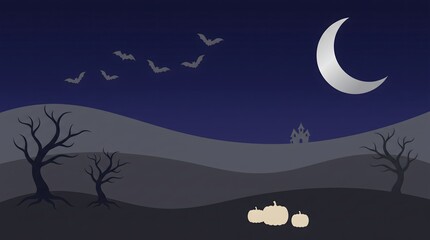 Fototapeta premium Crescent moon and silhouetted birds flying over a dark landscape