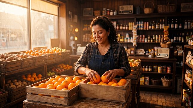 grocer grocery produce vegetables fresh local market retail community food female store owner arranges bright oranges in a sunlit neighborhood grocery for community outreach campaigns