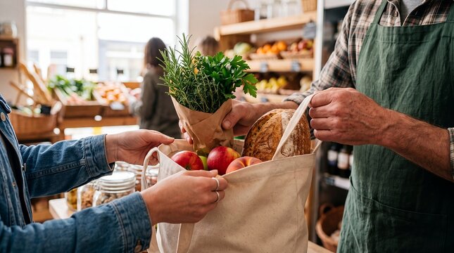 reusable shopping bags sustainable retail local store small business community shopkeeper fills a reusable canvas bag with fresh local groceries for a customer for community outreach campaigns
