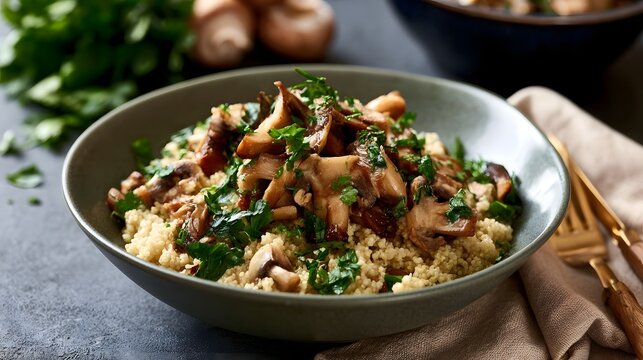 A bowl of cooked mushrooms and couscous garnished with fresh parsley  presented on a rustic table setting