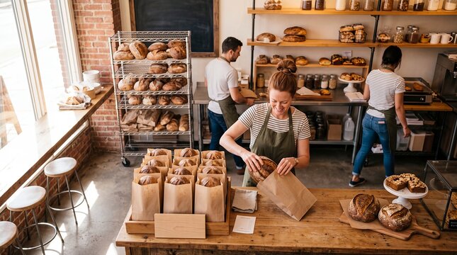 bakery baker bread artisan fresh local business food community small woman packages freshly baked bread in paper bags beside her bakery team for community campaigns and local enterprise branding