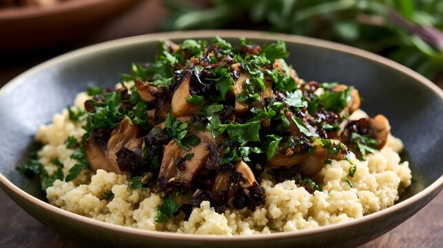 A bowl of couscous topped with saut ed mushrooms and fresh parsley  served in a dark ceramic dish