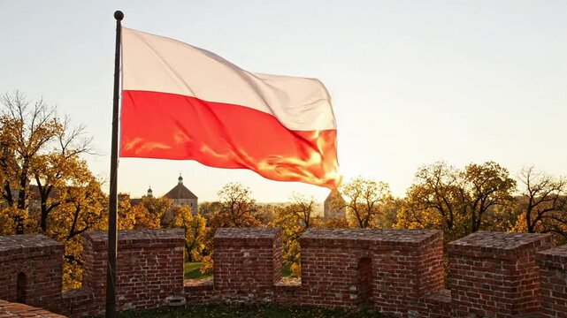Polish flag waving proudly over historic brick castle walls at golden hour sunset poland national flag